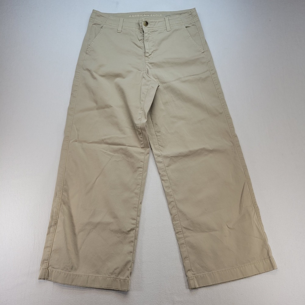 American Eagle Wide Leg Trouser Womens 8 Tan Khaki Stretch Cotton Chino Pants